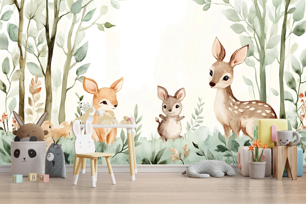 Woodland Animal Nursery Wall Mural – Baby Deer and Bunny Wallpaper – Peel and Stick or Traditional Wall Art for Nursery or Playroom