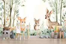 Load image into Gallery viewer, Woodland Animal Nursery Wall Mural – Baby Deer and Bunny Wallpaper – Peel and Stick or Traditional Wall Art for Nursery or Playroom