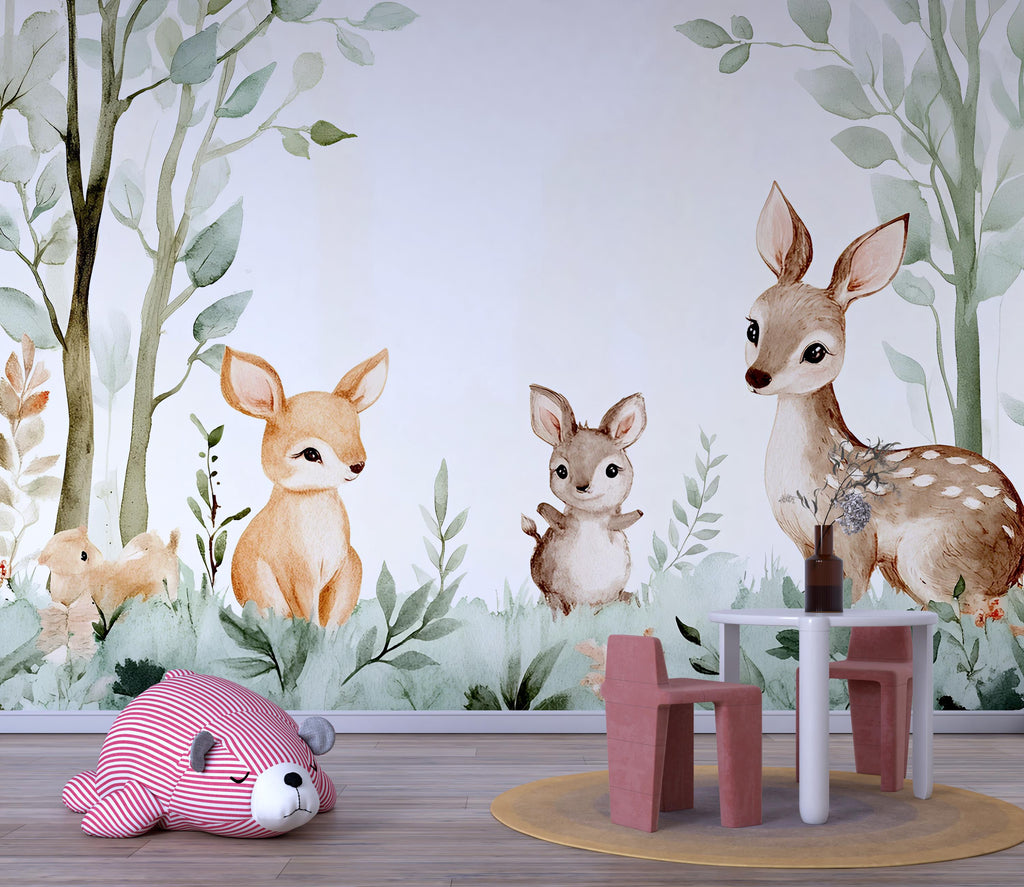 Woodland Animal Nursery Wall Mural – Baby Deer and Bunny Wallpaper – Peel and Stick or Traditional Wall Art for Nursery or Playroom