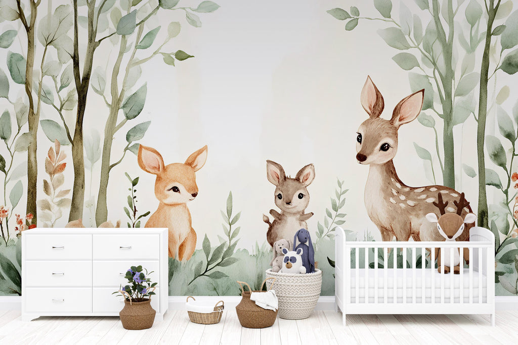 Woodland Animal Nursery Wall Mural – Baby Deer and Bunny Wallpaper – Peel and Stick or Traditional Wall Art for Nursery or Playroom