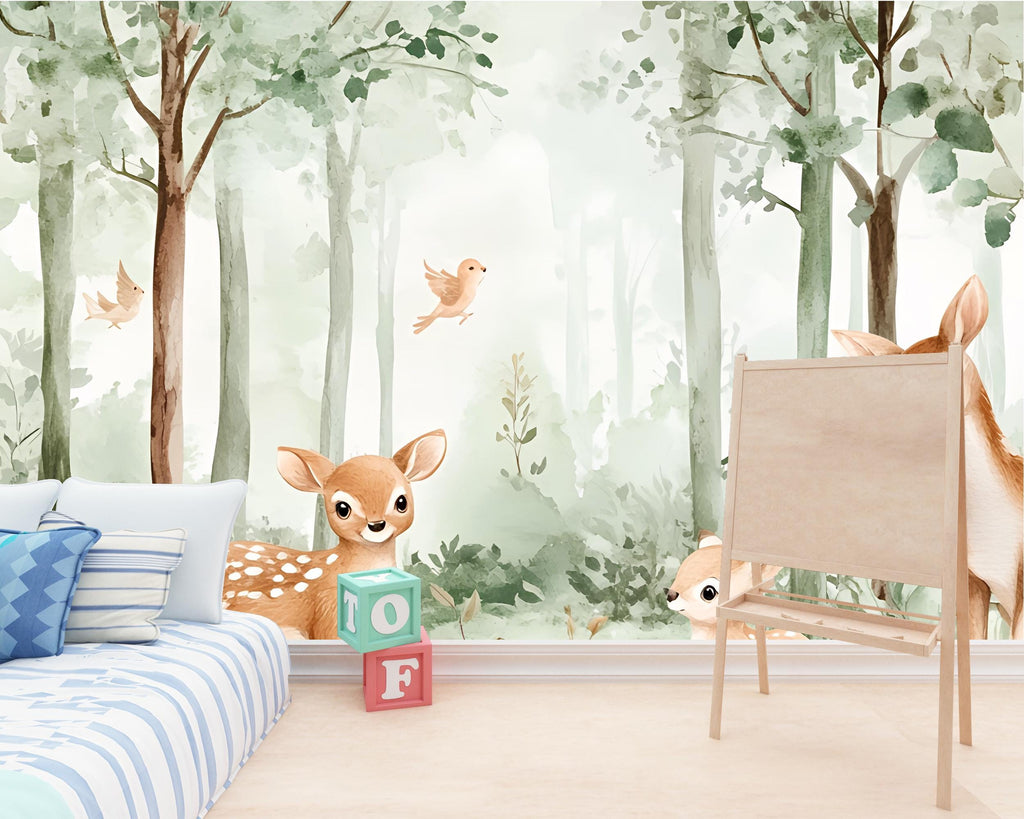 Baby Deer Forest Wall Mural – Woodland Animals Nursery Wallpaper – Peel and Stick or Traditional Kids Room Wall Art