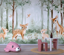 Load image into Gallery viewer, Baby Deer Forest Wall Mural – Woodland Animals Nursery Wallpaper – Peel and Stick or Traditional Kids Room Wall Art
