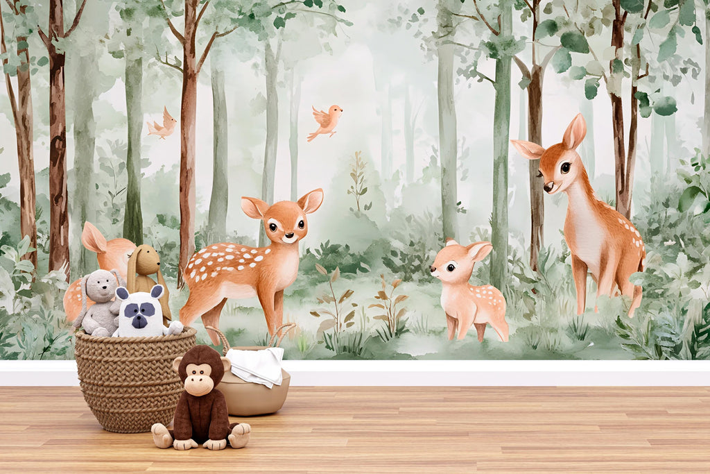 Baby Deer Forest Wall Mural – Woodland Animals Nursery Wallpaper – Peel and Stick or Traditional Kids Room Wall Art