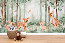 Load image into Gallery viewer, Baby Deer Forest Wall Mural – Woodland Animals Nursery Wallpaper – Peel and Stick or Traditional Kids Room Wall Art