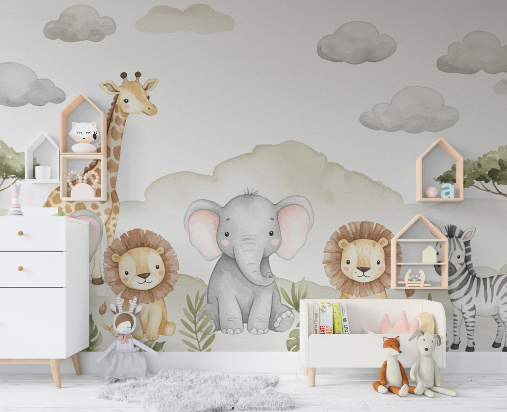 Safari Animals Wall Graphics Lion wallpaper Zebra Peel and Stick Elephant room Safari Wallpaper Nursery Giraffe Nursery decor Mural 711RS