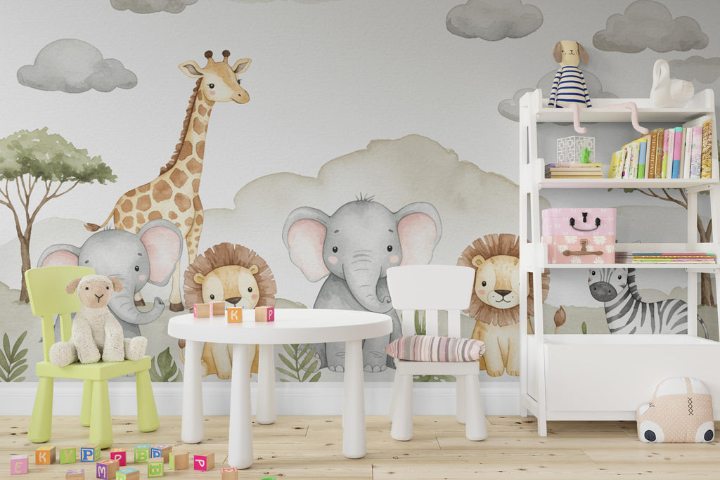 Safari Animals Wall Graphics Lion wallpaper Zebra Peel and Stick Elephant room Safari Wallpaper Nursery Giraffe Nursery decor Mural 711RS