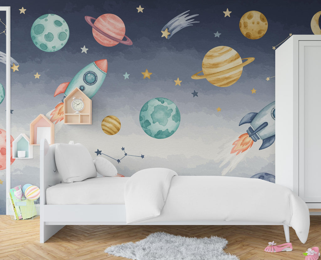 Space Rocket Wall Decal | Planet Space Wall Mural | Outer Space Wallpaper | Stars and Planets Wall Art | Astronomy Room art 712RS