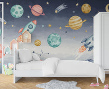 Load image into Gallery viewer, Space Rocket Wall Decal | Planet Space Wall Mural | Outer Space Wallpaper | Stars and Planets Wall Art | Astronomy Room art 712RS