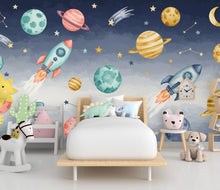 Load image into Gallery viewer, Space Rocket Wall Decal | Planet Space Wall Mural | Outer Space Wallpaper | Stars and Planets Wall Art | Astronomy Room art 712RS