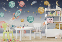 Load image into Gallery viewer, Space Rocket Wall Decal | Planet Space Wall Mural | Outer Space Wallpaper | Stars and Planets Wall Art | Astronomy Room art 712RS
