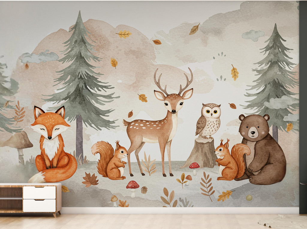 Woodland Forest Animals Wall Graphics Fox Peel and Stick Girl room Forest Wallpaper Nursery Self Adhesive Nursery wall decor Mural 713RS