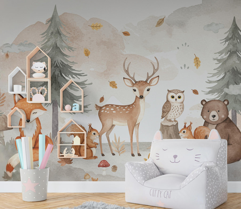 Woodland Forest Animals Wall Graphics Fox Peel and Stick Girl room Forest Wallpaper Nursery Self Adhesive Nursery wall decor Mural 713RS