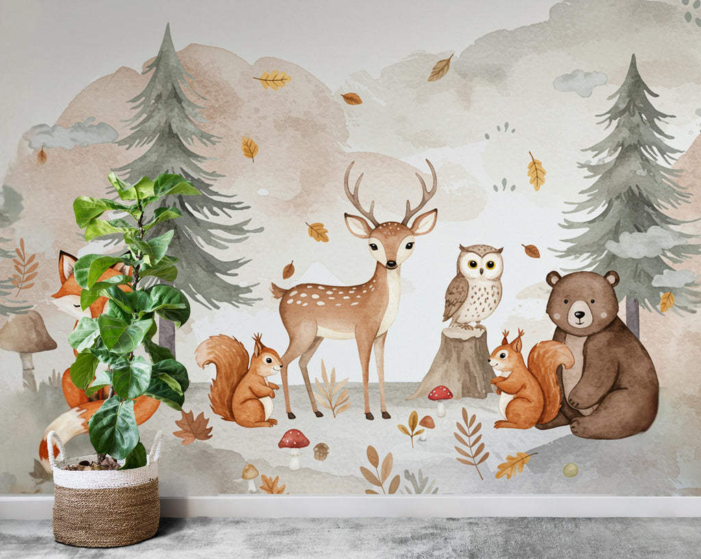 Woodland Forest Animals Wall Graphics Fox Peel and Stick Girl room Forest Wallpaper Nursery Self Adhesive Nursery wall decor Mural 713RS