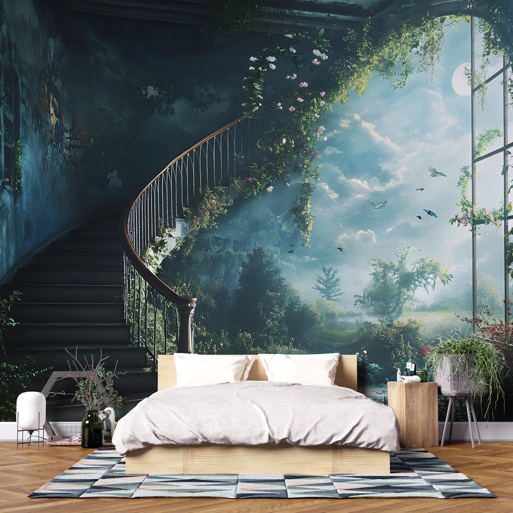 Fantasy Staircase Wall Mural – Enchanted Garden Window Wallpaper – Dreamy Spiral Stair Wall Art – Peel and Stick or Non-Woven