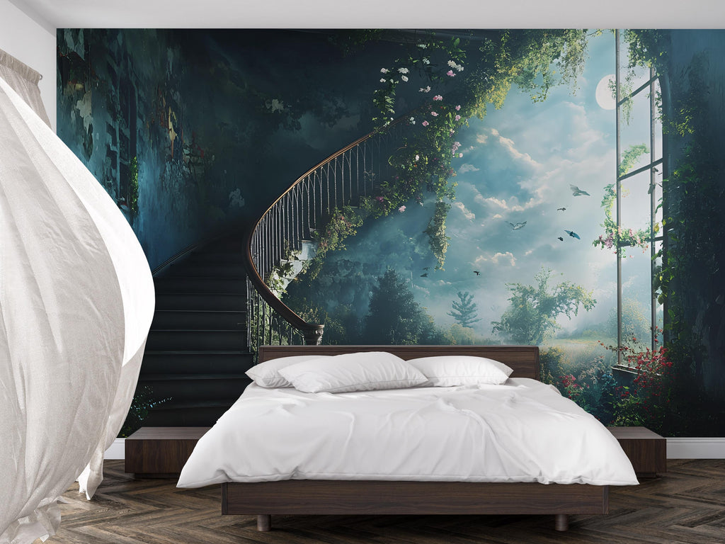 Fantasy Staircase Wall Mural – Enchanted Garden Window Wallpaper – Dreamy Spiral Stair Wall Art – Peel and Stick or Non-Woven