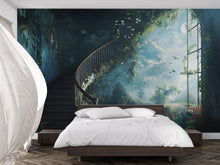Load image into Gallery viewer, Fantasy Staircase Wall Mural – Enchanted Garden Window Wallpaper – Dreamy Spiral Stair Wall Art – Peel and Stick or Non-Woven