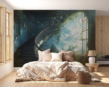Load image into Gallery viewer, Fantasy Staircase Wall Mural – Enchanted Garden Window Wallpaper – Dreamy Spiral Stair Wall Art – Peel and Stick or Non-Woven
