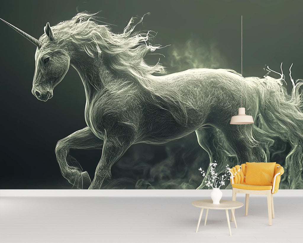Dark Fantasy Unicorn Wall Mural – Mystical Horse Wallpaper – Peel and Stick or Non-Woven Gothic Art for Home, Office or Studio Decor