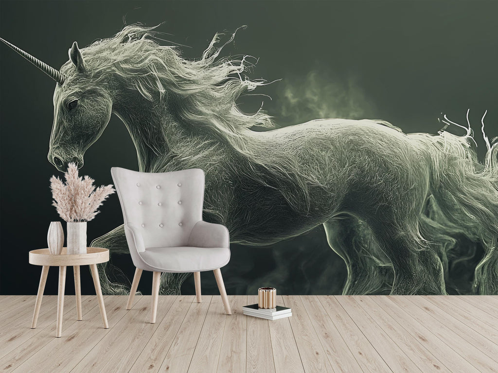 Dark Fantasy Unicorn Wall Mural – Mystical Horse Wallpaper – Peel and Stick or Non-Woven Gothic Art for Home, Office or Studio Decor