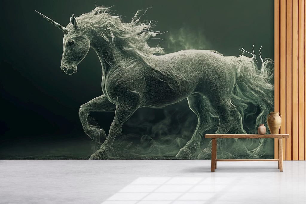 Dark Fantasy Unicorn Wall Mural – Mystical Horse Wallpaper – Peel and Stick or Non-Woven Gothic Art for Home, Office or Studio Decor