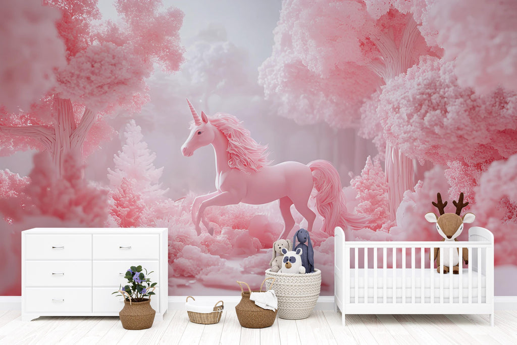 Pink Unicorn Wall Mural – Fantasy Forest Wallpaper for Girls Bedroom or Nursery – Peel and Stick or Non-Woven Dreamy Decor
