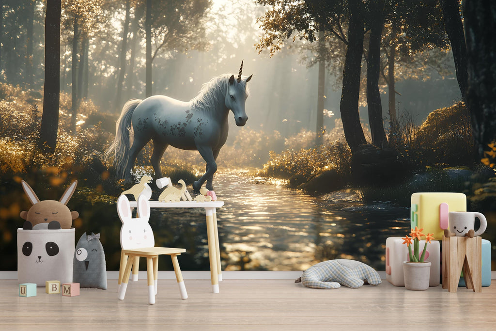 Mystical Forest Unicorn Wall Mural – Fantasy Wallpaper for Kids Room or Nursery – Peel and Stick or Non-Woven Custom Decor