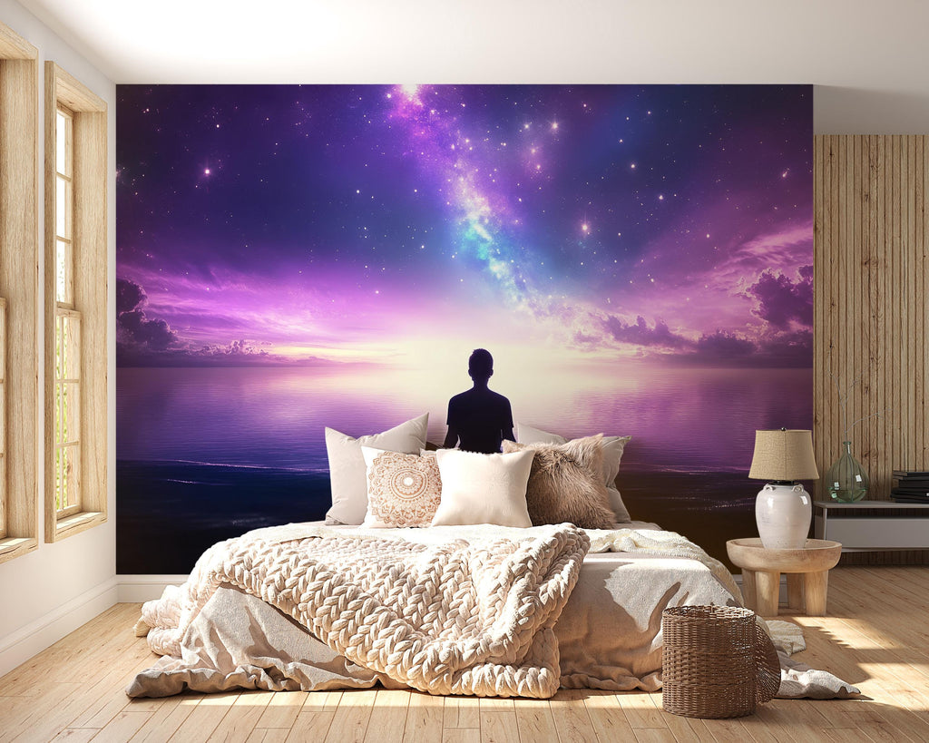Galaxy Meditation Wall Mural – Cosmic Mindfulness Wallpaper – Sunset Yoga Zen Wall Art – Spiritual Room Decor – Peel and Stick or Non-Woven