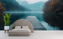 Load image into Gallery viewer, Lake Dock Wall Mural – Wooden Pier Nature Wallpaper – Misty Mountains and Forest Reflection Mural – Scenic Tranquil Bedroom or Spa Decor
