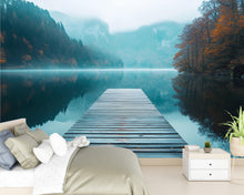 Load image into Gallery viewer, Lake Dock Wall Mural – Wooden Pier Nature Wallpaper – Misty Mountains and Forest Reflection Mural – Scenic Tranquil Bedroom or Spa Decor