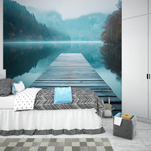 Load image into Gallery viewer, Lake Dock Wall Mural – Wooden Pier Nature Wallpaper – Misty Mountains and Forest Reflection Mural – Scenic Tranquil Bedroom or Spa Decor