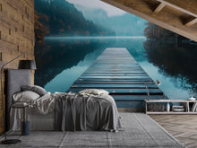 Load image into Gallery viewer, Lake Dock Wall Mural – Wooden Pier Nature Wallpaper – Misty Mountains and Forest Reflection Mural – Scenic Tranquil Bedroom or Spa Decor