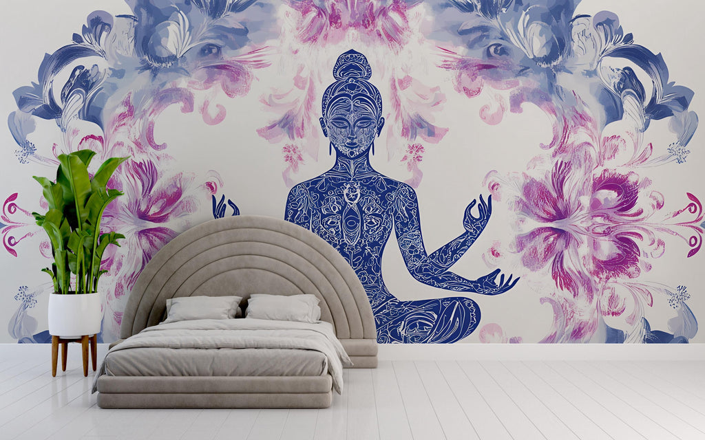 Boho Yoga Wall Mural – Blue Mandala Meditation Art – Spiritual Flower Decor for Bedroom or Studio – Large Zen Wall Wallpaper for Wellness