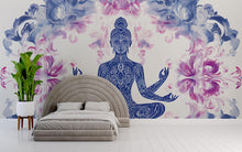 Load image into Gallery viewer, Boho Yoga Wall Mural – Blue Mandala Meditation Art – Spiritual Flower Decor for Bedroom or Studio – Large Zen Wall Wallpaper for Wellness