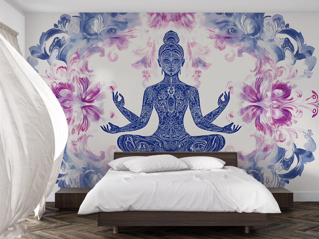 Boho Yoga Wall Mural – Blue Mandala Meditation Art – Spiritual Flower Decor for Bedroom or Studio – Large Zen Wall Wallpaper for Wellness