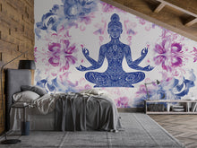 Load image into Gallery viewer, Boho Yoga Wall Mural – Blue Mandala Meditation Art – Spiritual Flower Decor for Bedroom or Studio – Large Zen Wall Wallpaper for Wellness