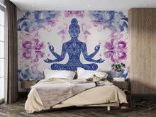 Load image into Gallery viewer, Boho Yoga Wall Mural – Blue Mandala Meditation Art – Spiritual Flower Decor for Bedroom or Studio – Large Zen Wall Wallpaper for Wellness