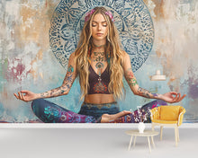 Load image into Gallery viewer, Boho Meditation Wall Mural – Tattooed Yogi Zen Art – Large Hippie Yoga Girl Wallpaper – Spiritual Bohemian Decor for Bedroom or Studio