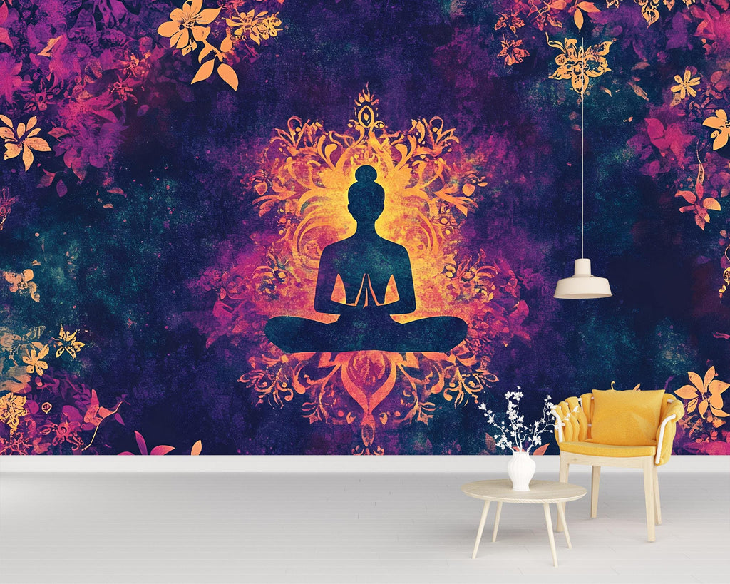 Mandala Yoga Wall Mural – Psychedelic Meditation Wallpaper – Spiritual Lotus Pose Decor – Boho Zen Art for Studio, Bedroom or Retreat