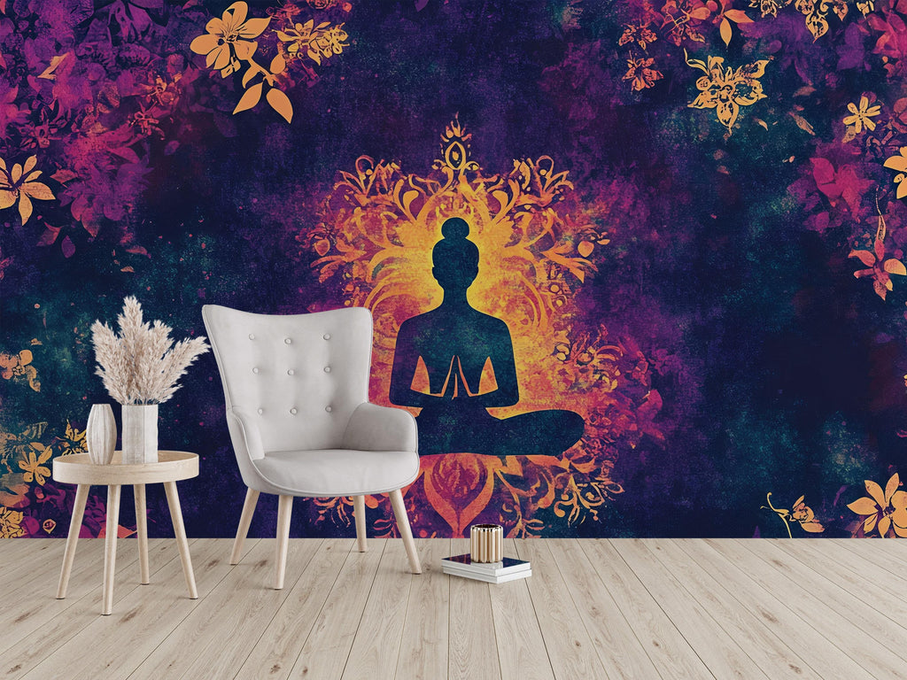 Mandala Yoga Wall Mural – Psychedelic Meditation Wallpaper – Spiritual Lotus Pose Decor – Boho Zen Art for Studio, Bedroom or Retreat