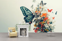 Load image into Gallery viewer, Butterfly Floral Wall Mural – Large Nature-Inspired Peel &amp; Stick Wallpaper – Spring Garden Bedroom Decor – Botanical Butterfly Accent Wall