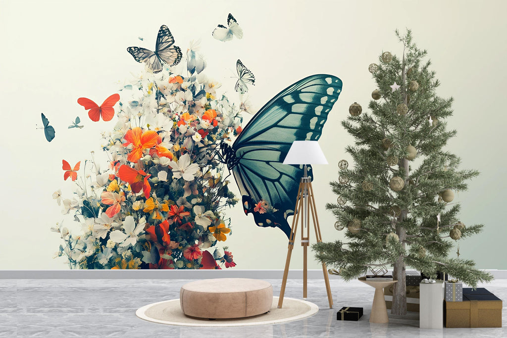 Butterfly Floral Wall Mural – Large Nature-Inspired Peel & Stick Wallpaper – Spring Garden Bedroom Decor – Botanical Butterfly Accent Wall