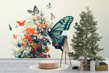 Load image into Gallery viewer, Butterfly Floral Wall Mural – Large Nature-Inspired Peel &amp; Stick Wallpaper – Spring Garden Bedroom Decor – Botanical Butterfly Accent Wall