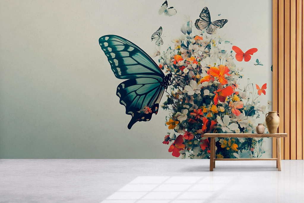 Butterfly Floral Wall Mural – Large Nature-Inspired Peel & Stick Wallpaper – Spring Garden Bedroom Decor – Botanical Butterfly Accent Wall