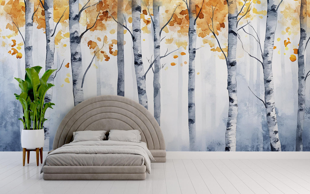 Watercolor Birch Tree Wall Mural – Autumn Forest Peel and Stick Wallpaper | Modern Scandinavian Nature Wall Art for Bedroom & Living Room