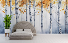Load image into Gallery viewer, Watercolor Birch Tree Wall Mural – Autumn Forest Peel and Stick Wallpaper | Modern Scandinavian Nature Wall Art for Bedroom &amp; Living Room