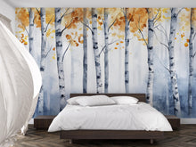 Load image into Gallery viewer, Watercolor Birch Tree Wall Mural – Autumn Forest Peel and Stick Wallpaper | Modern Scandinavian Nature Wall Art for Bedroom &amp; Living Room