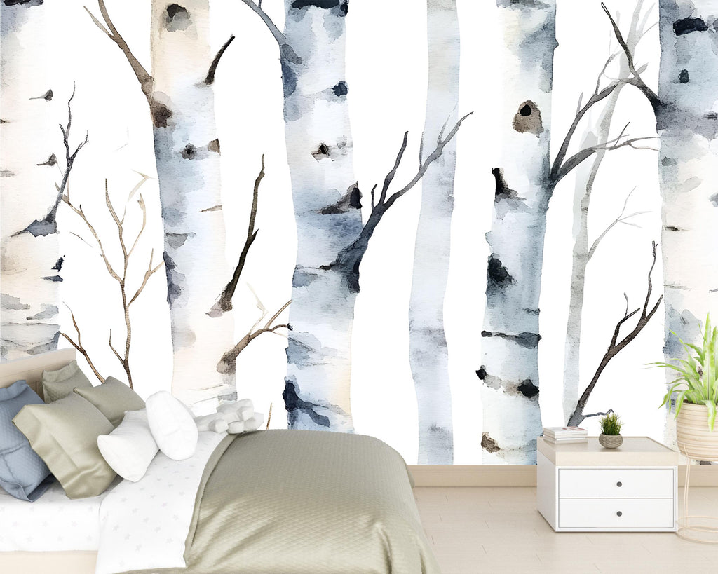 Minimalist Birch Tree Wall Mural – Scandinavian Forest Watercolor Wallpaper | Peel and Stick Mural for Bedroom or Living Room