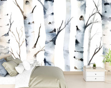Load image into Gallery viewer, Minimalist Birch Tree Wall Mural – Scandinavian Forest Watercolor Wallpaper | Peel and Stick Mural for Bedroom or Living Room