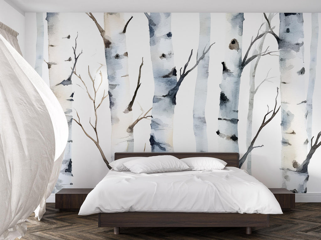 Minimalist Birch Tree Wall Mural – Scandinavian Forest Watercolor Wallpaper | Peel and Stick Mural for Bedroom or Living Room