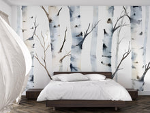 Load image into Gallery viewer, Minimalist Birch Tree Wall Mural – Scandinavian Forest Watercolor Wallpaper | Peel and Stick Mural for Bedroom or Living Room